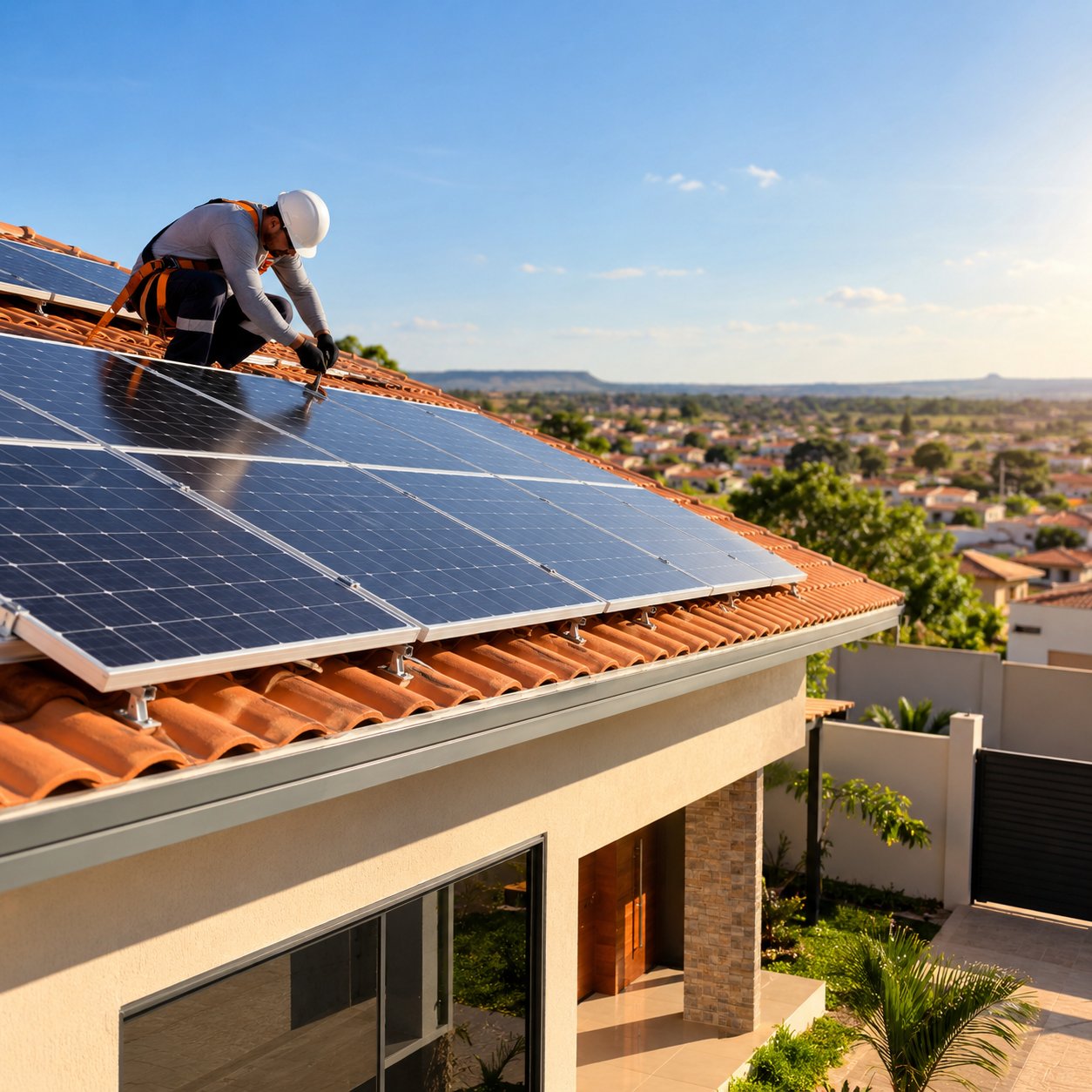 Instalador da ASR Solar Engenharia fixando painéis solares no telhado de uma casa, com vista para a cidade ao fundo
